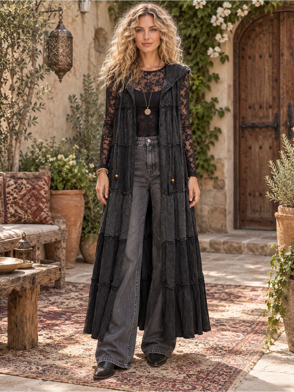 H256 NWT Young Threads M ptp18 Sleeveless Black Hooded Maxi Dress or Jacket